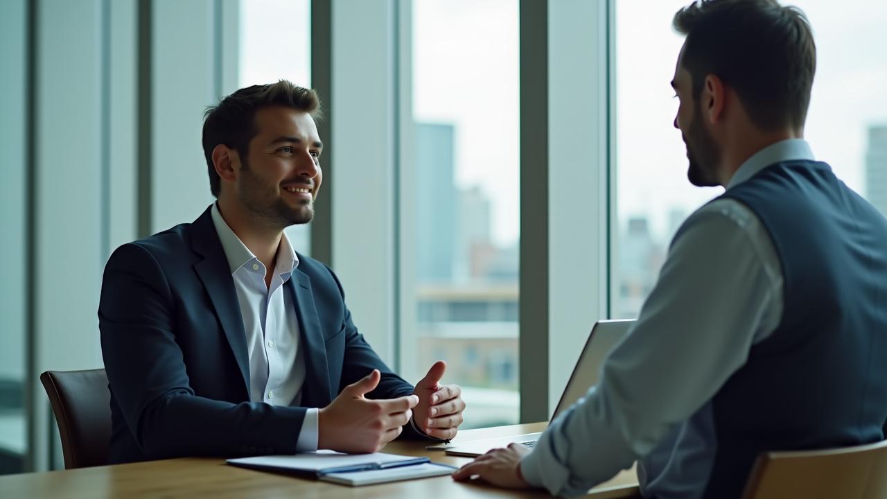 Professional preparing notes thoughtfully before an interview